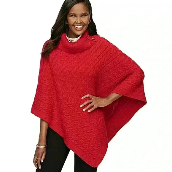 Talbots Cable Knit Poncho Sweater Red Button Down Split Neckline Cotton NWT - Picture 1 of 15